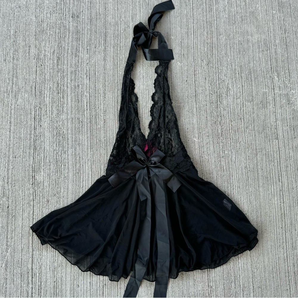 NWT Avid Love black lace babydoll halter dress with bow tie